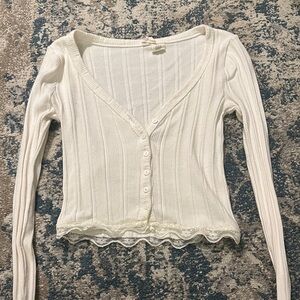 Ivory Ribbed Lace Trim Button-Front Top